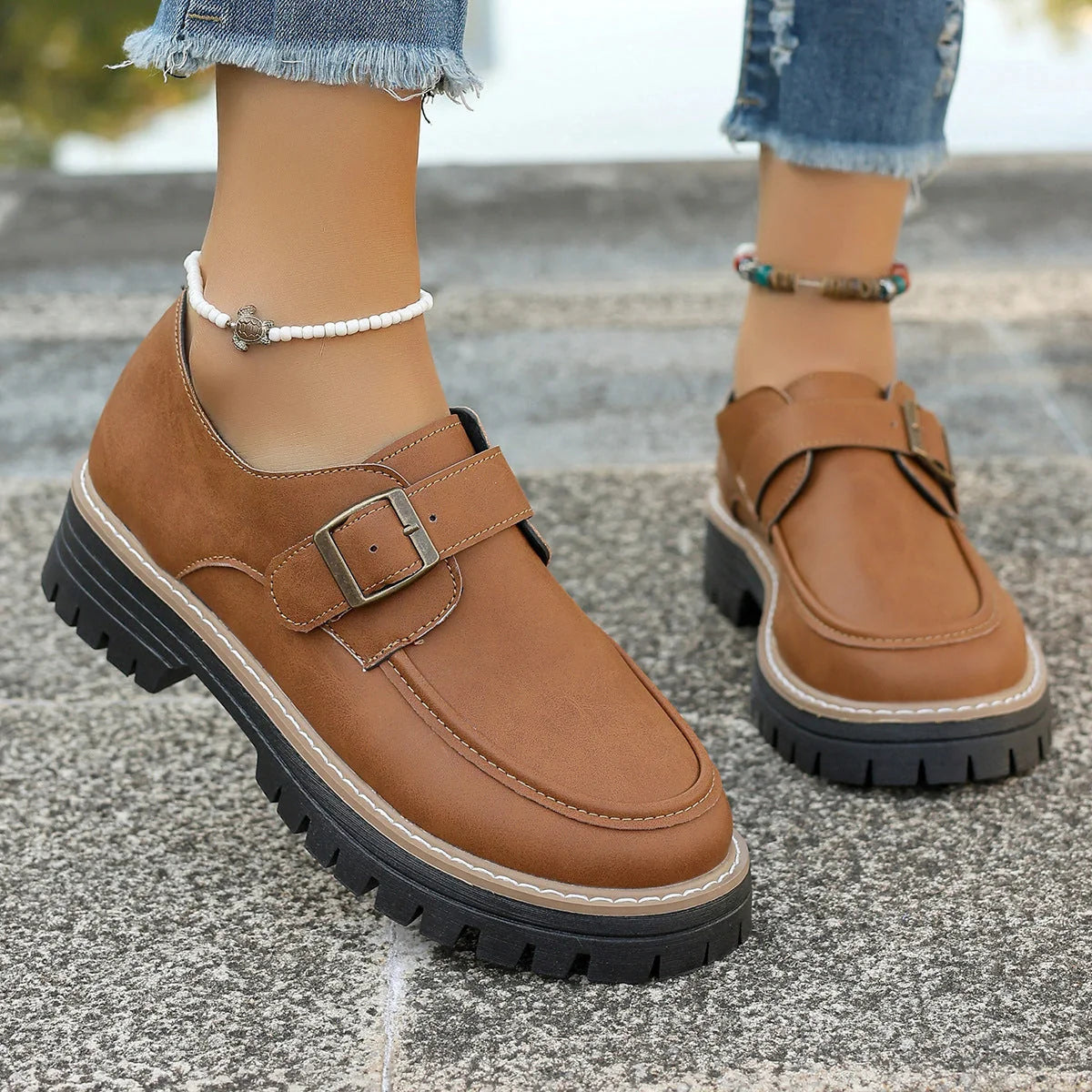 British style buckle loafers for women with thick soles in black and brown