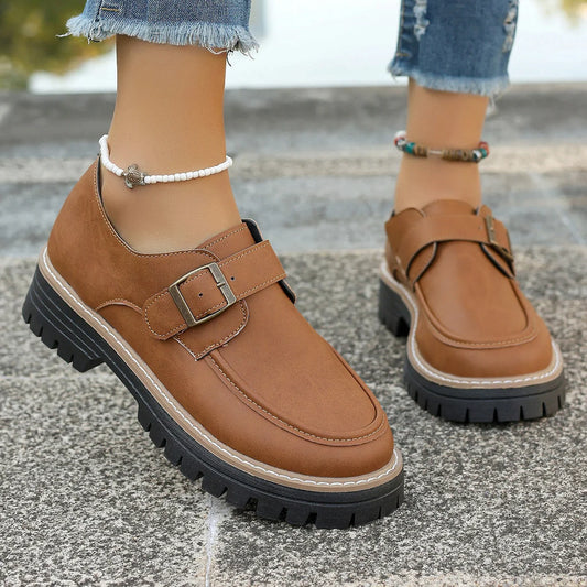 British style buckle loafers for women with thick soles in black and brown