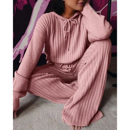 Cozy hooded two-piece loungewear set with soft, stretchy fabric and relaxed silhouette