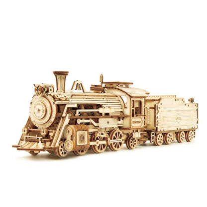 Premium wooden train model kit with detailed components and instructions for DIY assembly