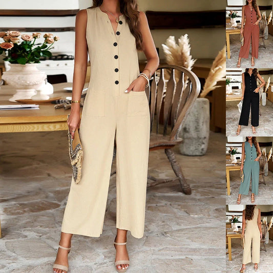 Stylish sleeveless jumpsuit with button design and wide-leg trousers for women