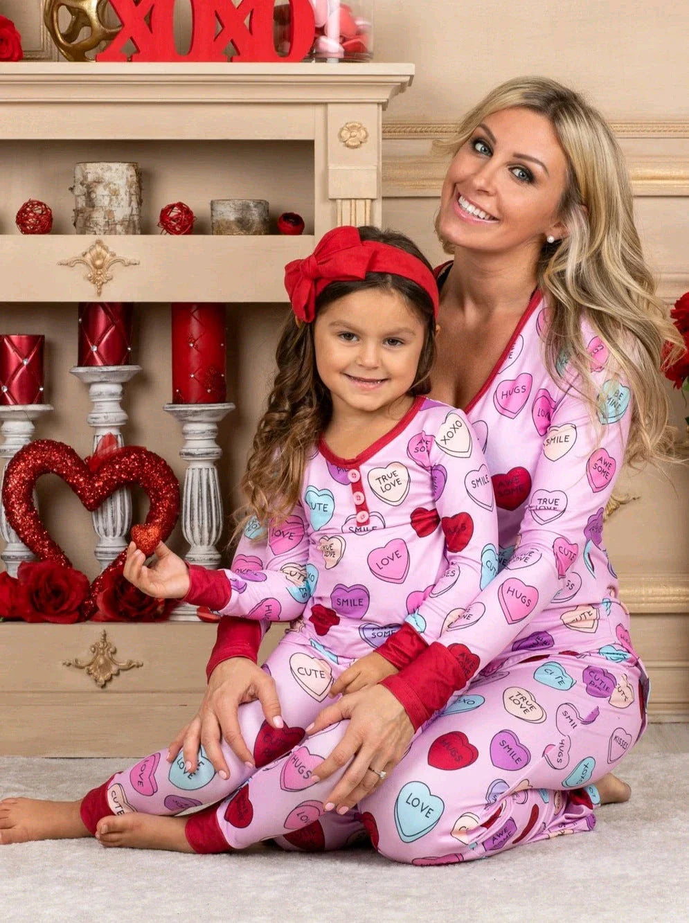 Cozy family matching Valentine's Day pajamas in soft cotton with heart print design