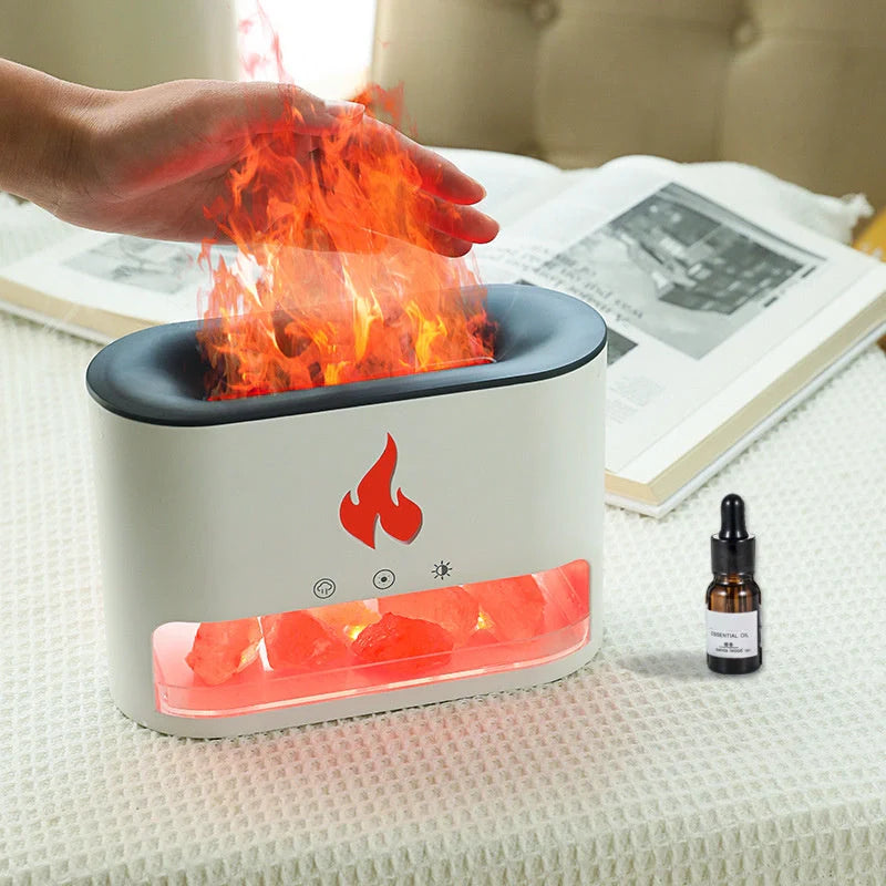 Flame Humidifier with 3D flame effect and aromatherapy function on desktop