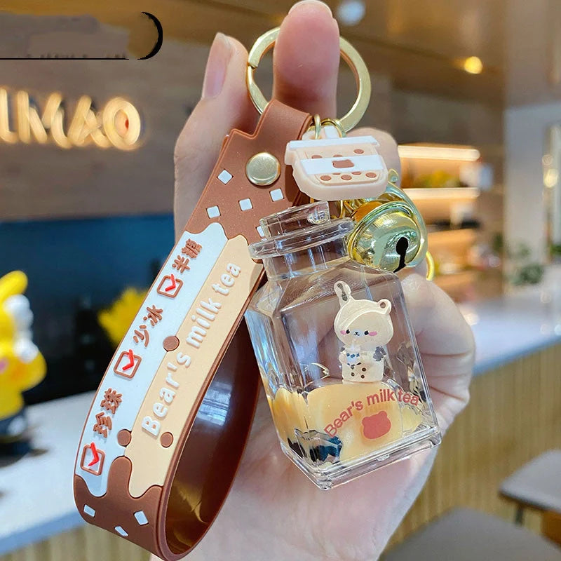 Women's pearl milk tea bear design keychain in alloy and acrylic