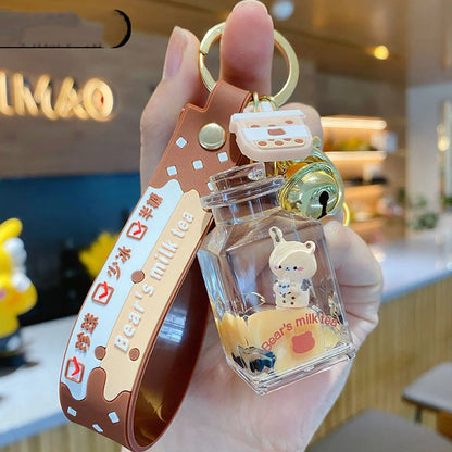 Women's pearl milk tea bear design keychain in alloy and acrylic