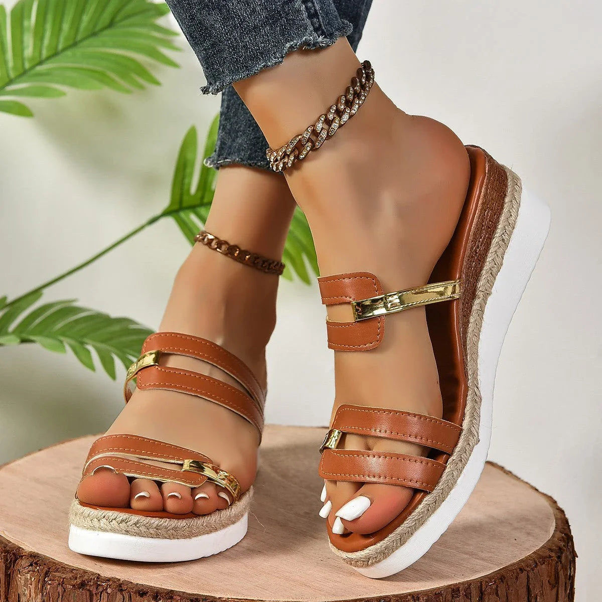 Colorblock wedge sandals with thick hemp sole, round toe, and slide-on style in a variety of vibrant summer colors
