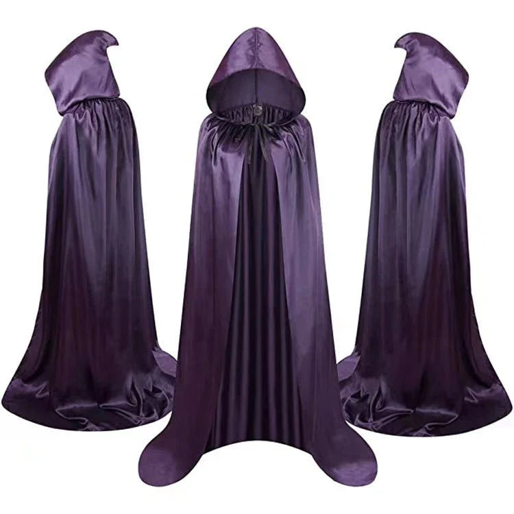 Premium wizard capes in black, gold, and purple with hooded designs, perfect for Halloween costume parties and dress-up events.