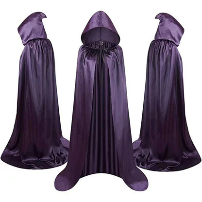 Premium wizard capes in black, gold, and purple with hooded designs, perfect for Halloween costume parties and dress-up events.