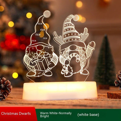 3D acrylic Christmas lights with various holiday-themed designs, including Christmas trees, elks, and Christmas dwarfs, providing warm, ambient lighting.