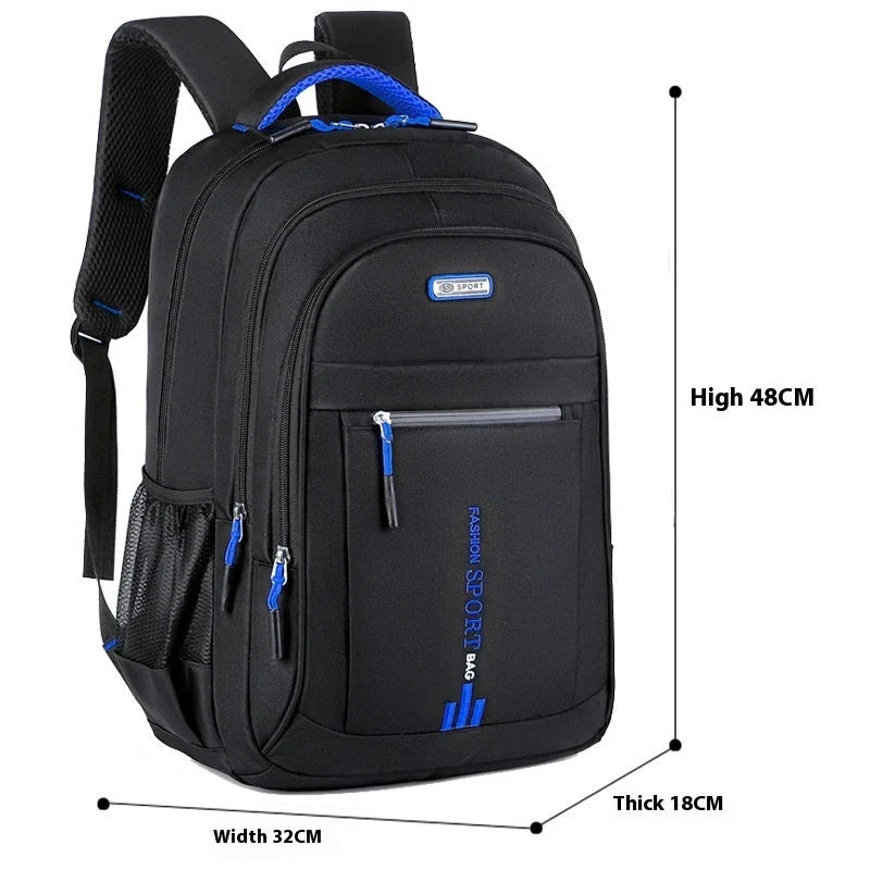 Men's large capacity anti-theft computer backpack in green, blue, black, and orange