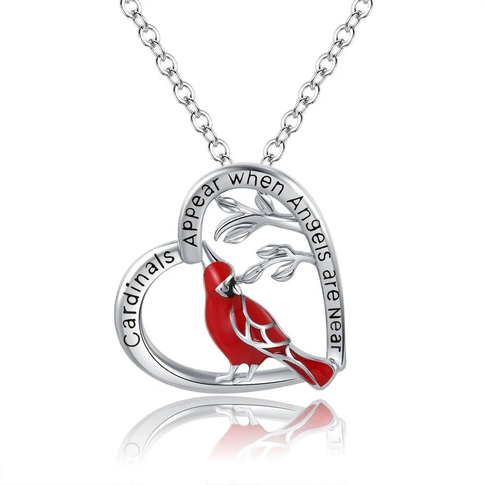 Heart-shaped cardinal pendant necklace in silver, unisex animal model jewellery