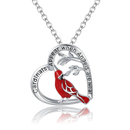 Heart-shaped cardinal pendant necklace in silver, unisex animal model jewellery