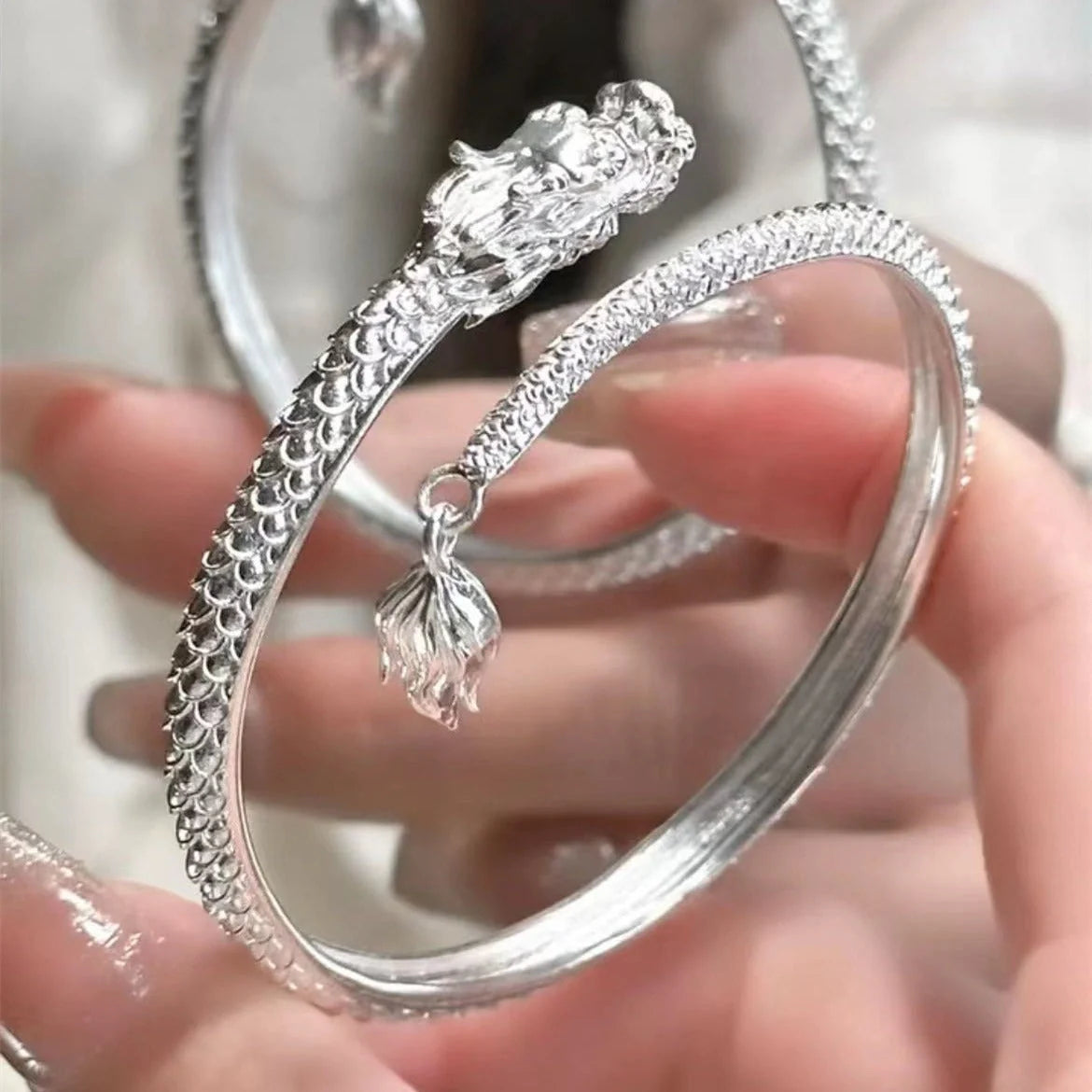 Adjustable Chinese-style dragon tail bangle bracelet with intricate dragon and phoenix decorations