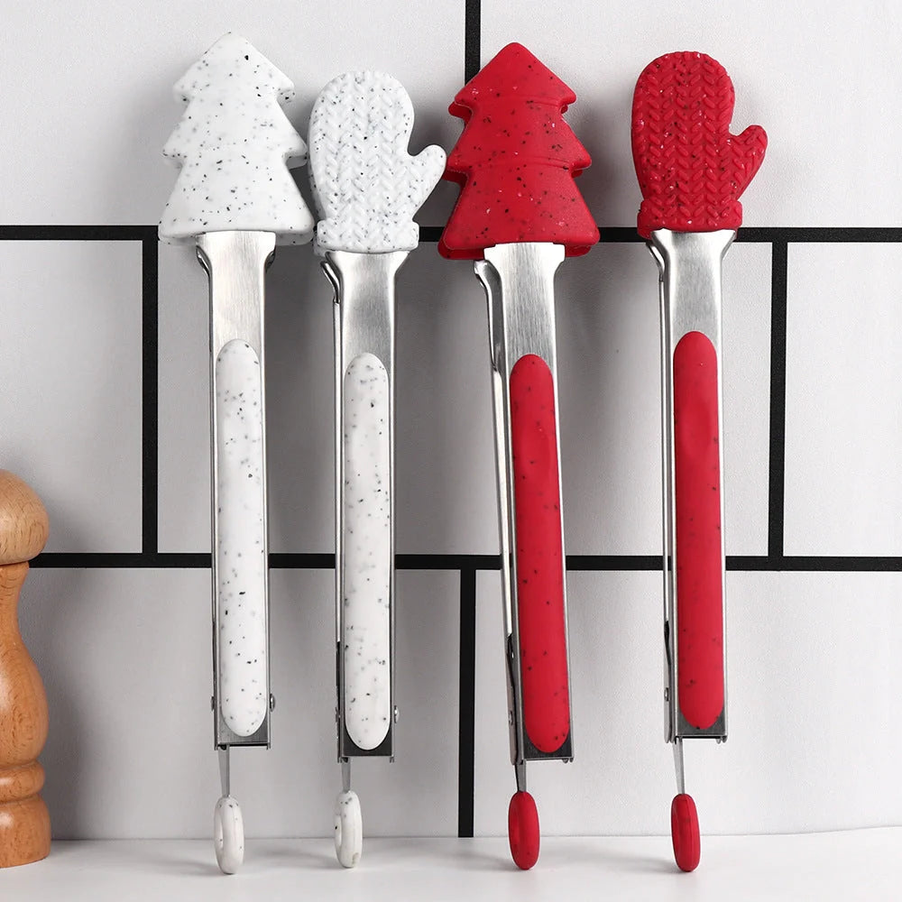 Christmas silicone kitchen tongs with festive designs for BBQ, bread, and salads
