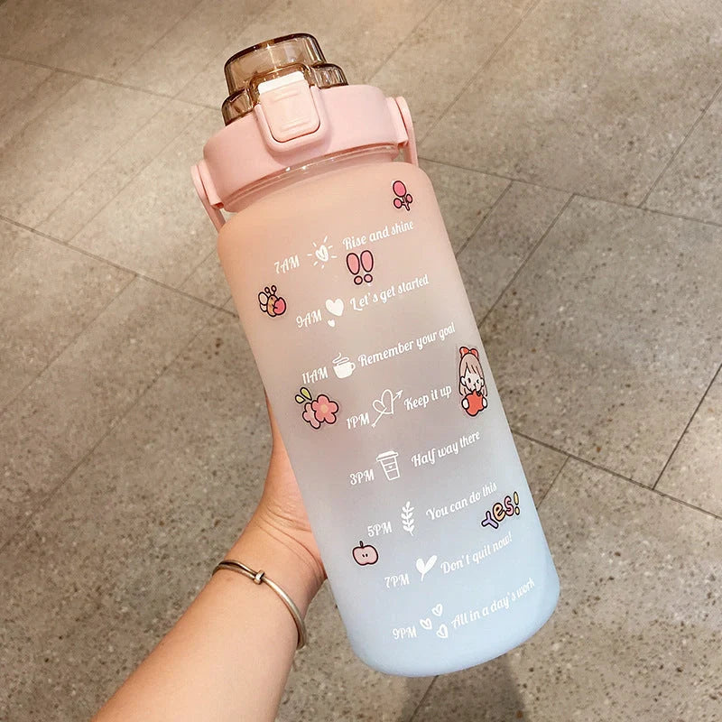 2000ml gradient colour water bottle with straw and stickers, leak-proof design