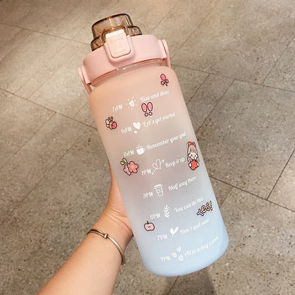2000ml gradient colour water bottle with straw and stickers, leak-proof design