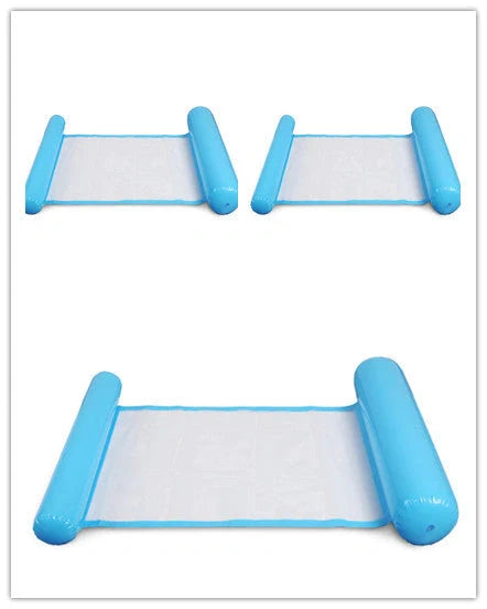 Inflatable water lounge chair in blue, floating in pool with hammock-style design