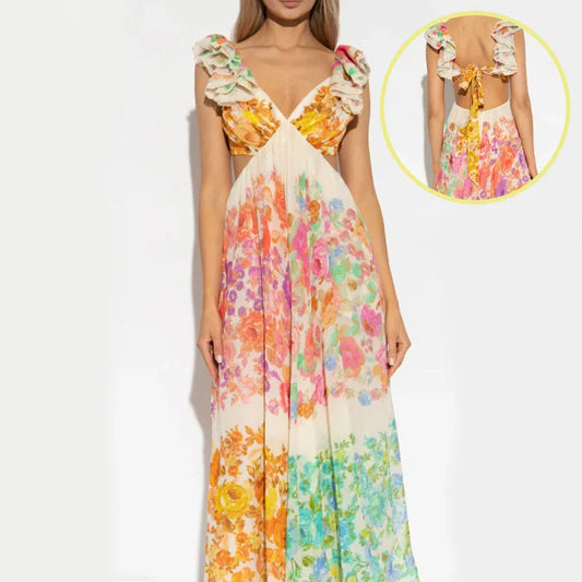 Elegant French-style floral print V-neck long dress for summer