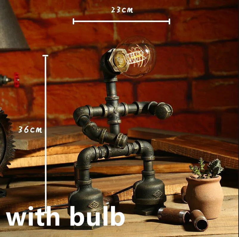 Vintage Industrial Table Lamp with Retro Water Pipe Design in Green Bronze Finish
