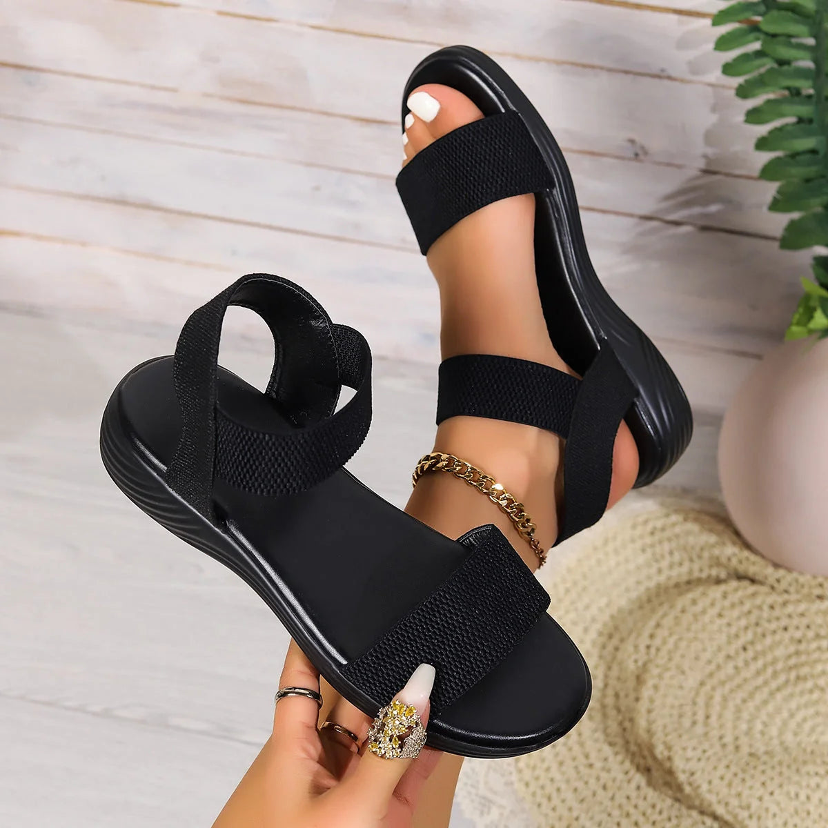Stylish colour-block elastic sandals with fish-mouth design, featuring a variety of vibrant hues and comfortable rubber soles.