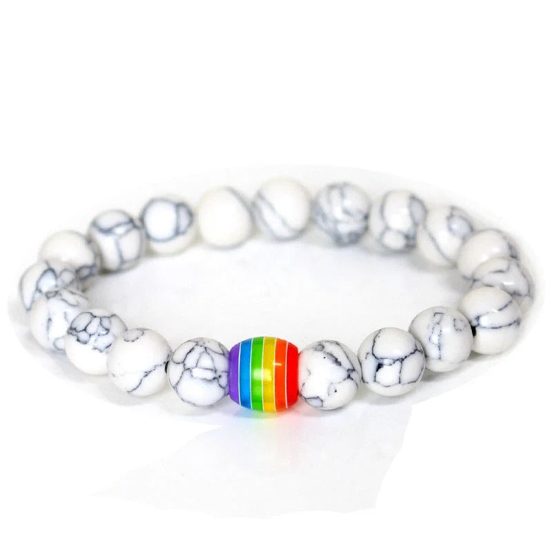 Pride Rainbow Bead Bracelet featuring natural stones in vibrant colours, perfect for unisex wear.