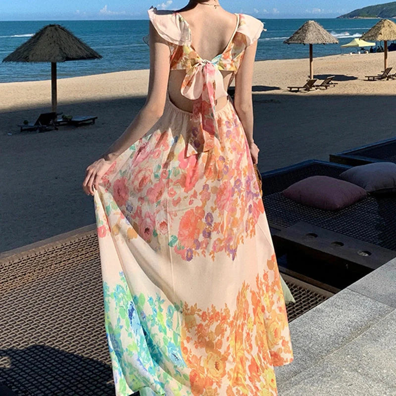 Elegant French-style floral print V-neck long dress for summer