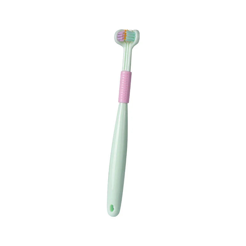 Soft bristle toothbrush with 3-sided brush head for thorough dental cleaning