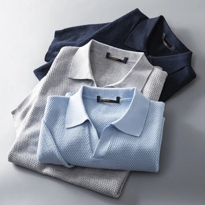 Men's V knit lapel short sleeve top in cotton, available in blue, navy blue, and grey
