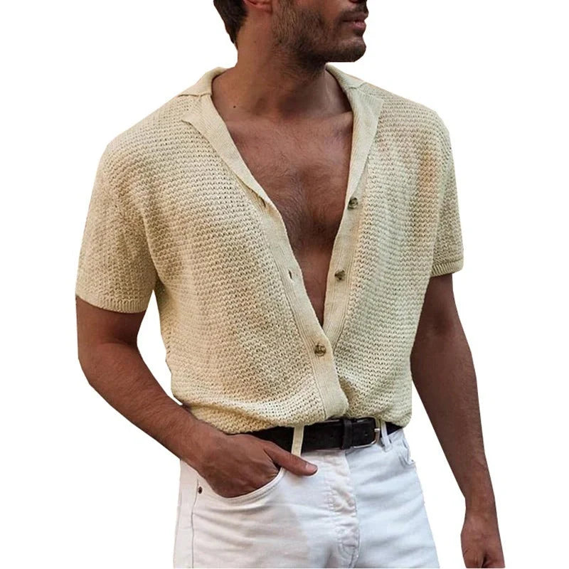 Men's slim-fit V-neck cotton polo shirt with jacquard detail in khaki and pink
