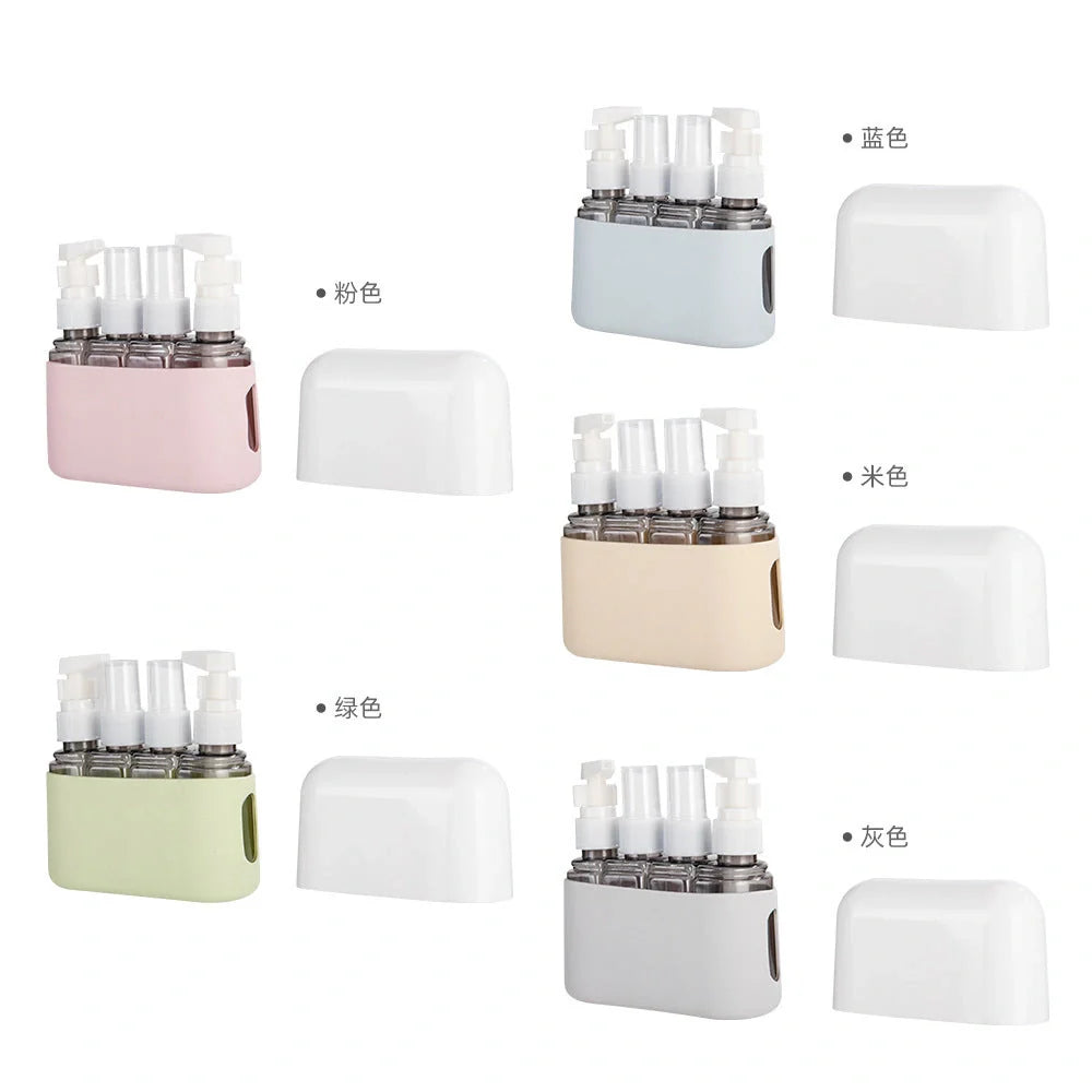 Leak-proof travel bottle set in green, blue, beige, gray, and pink