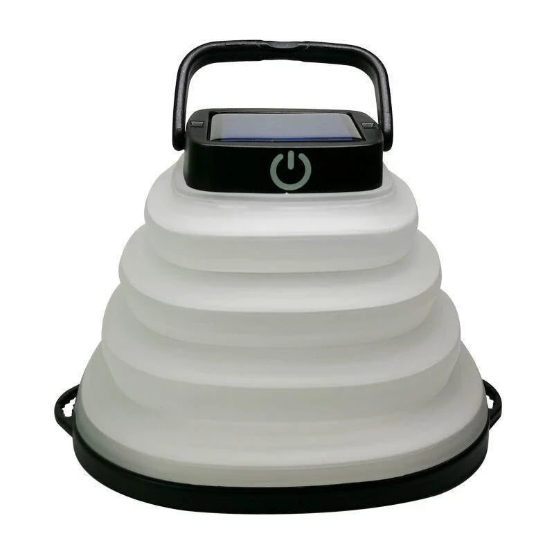 Collapsible camping lantern with solar charging, three brightness levels, and water-resistant design