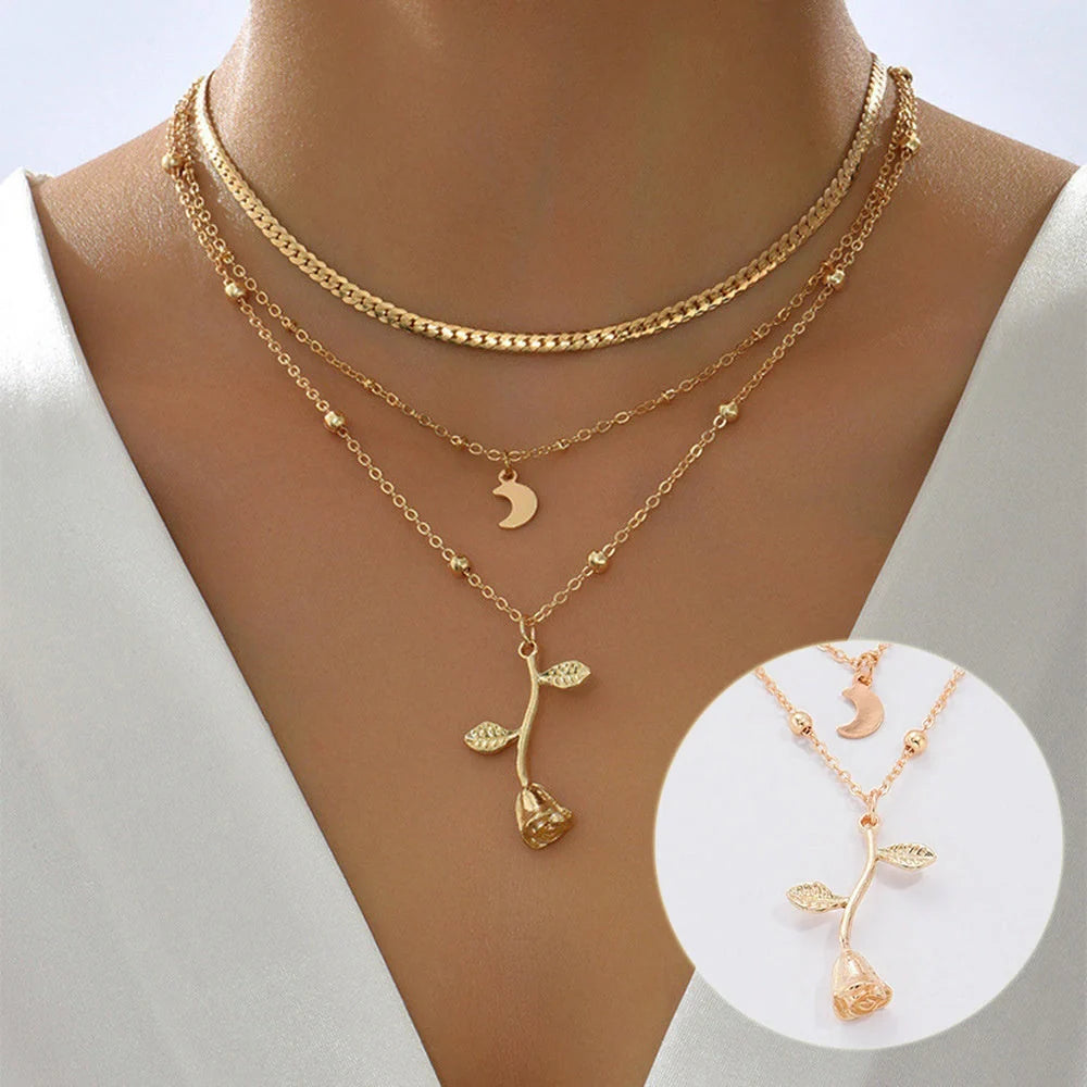 Bohemian multilayer gold pendant necklace with rose flower design for women
