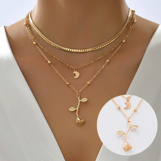 Bohemian multilayer gold pendant necklace with rose flower design for women