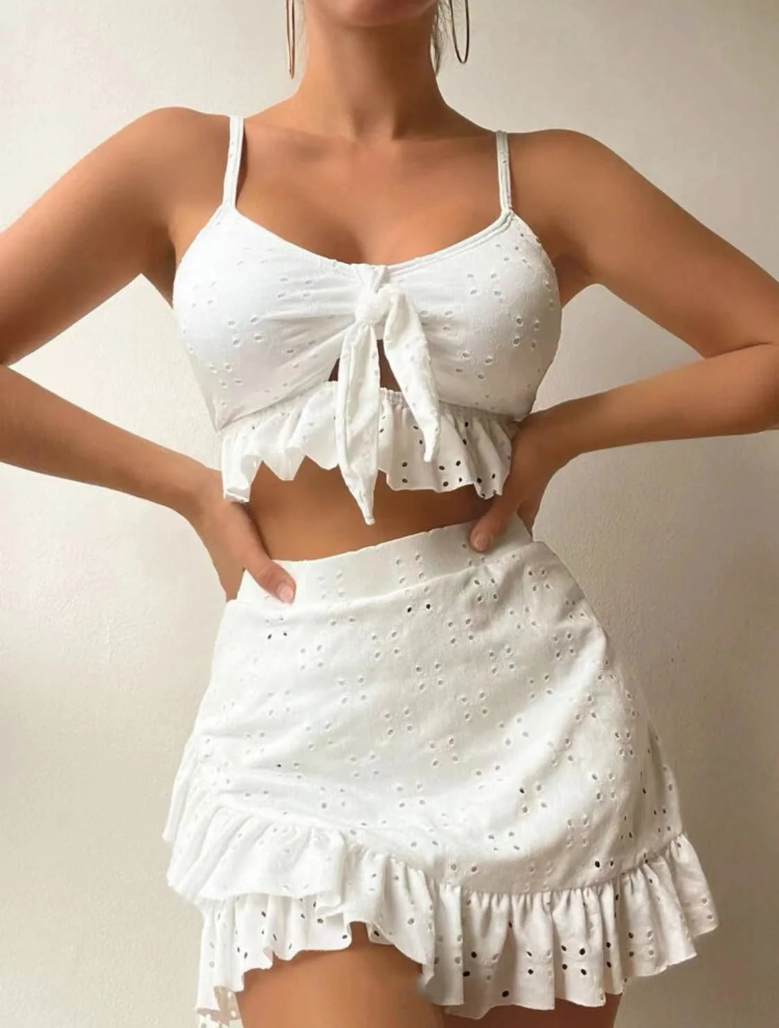 3-piece beach bikini set with hip-hugging skirt and ruffle design in various colours