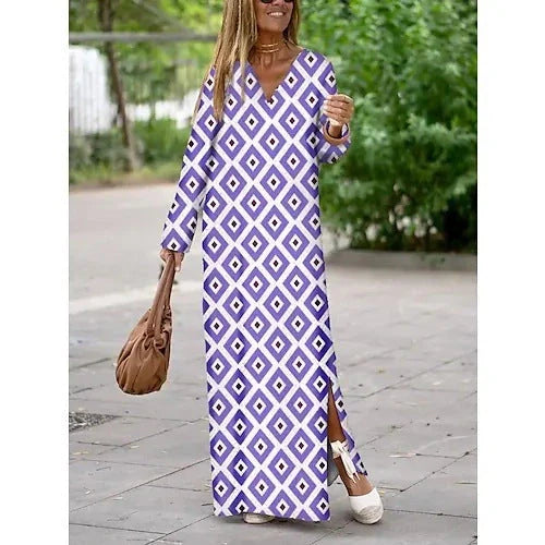 Stylish women's geometric print V-neck long dress in various colours