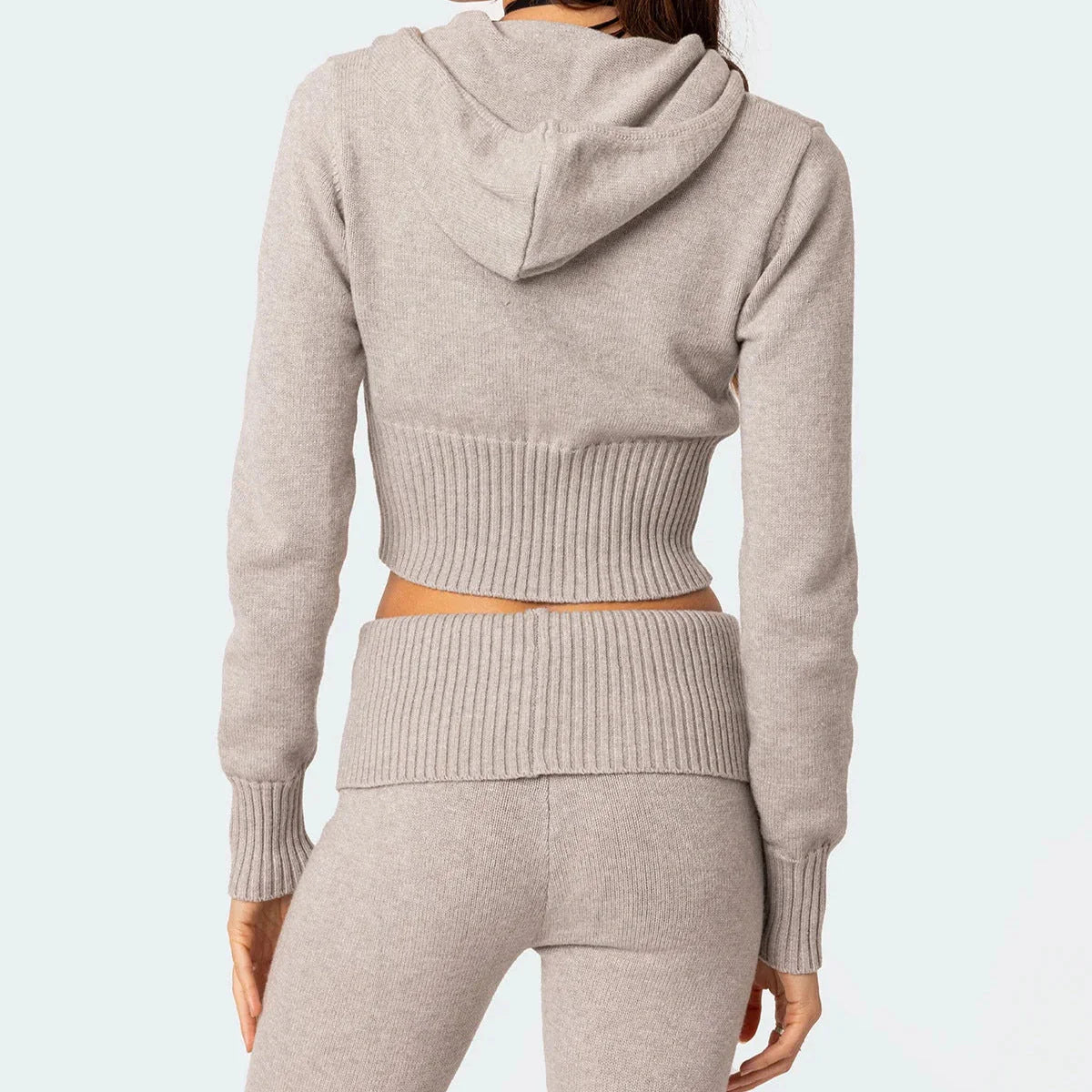 Women's knitted hooded suit with zipper cropped top and flared pants in solid colours