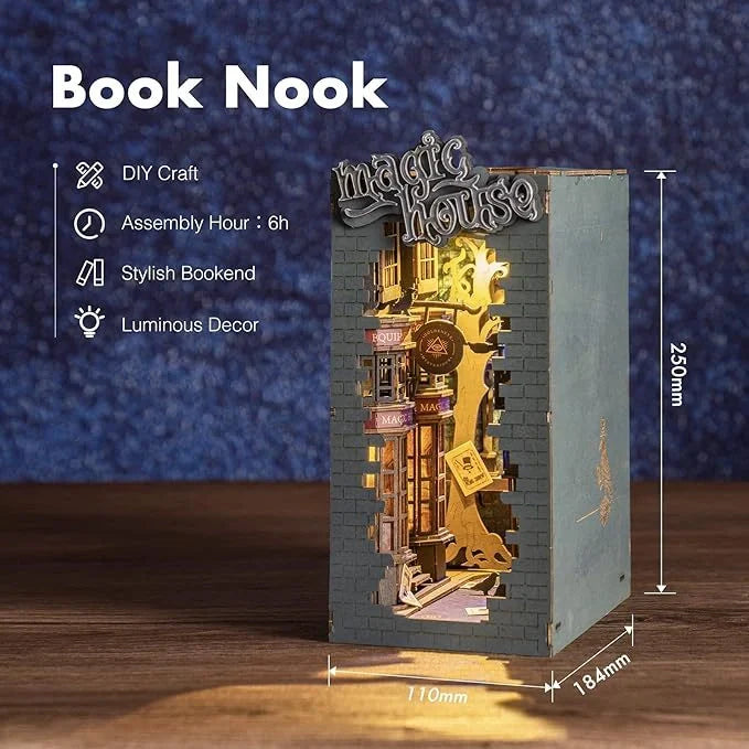 ROBOTIME Rolife DIY Book Nook Kit with LED Light, a decorative 3D puzzle for bookshelves