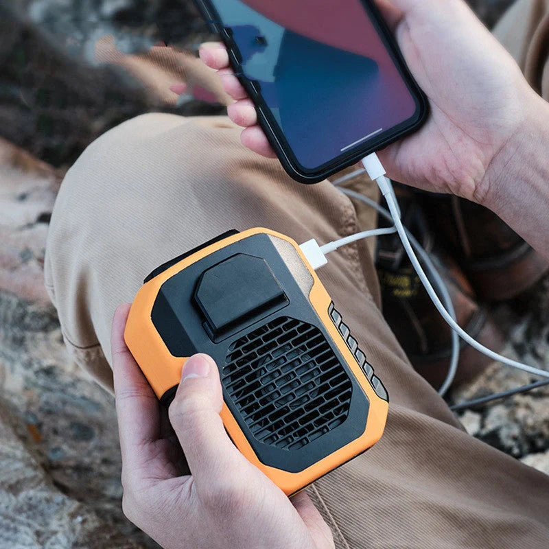 Portable waist fan with USB charging in green, black, and orange
