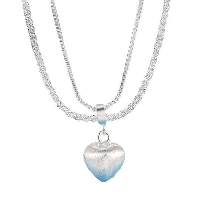 Double layer brushed heart pendant necklace with water wave chain for women