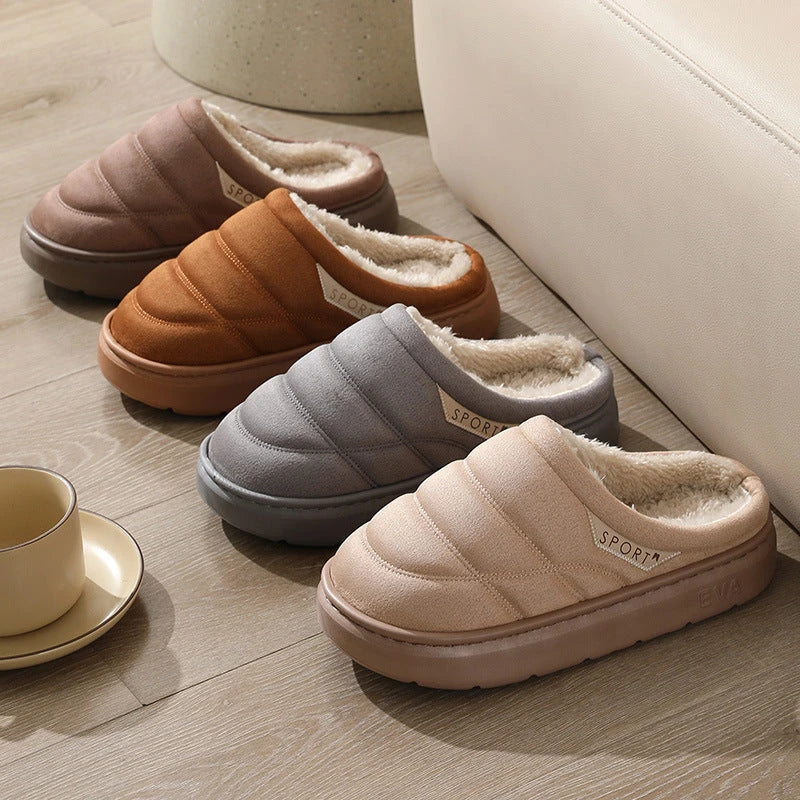 Cozy plush slippers with suede uppers, plush lining, and durable EVA soles for ultimate indoor comfort and warmth