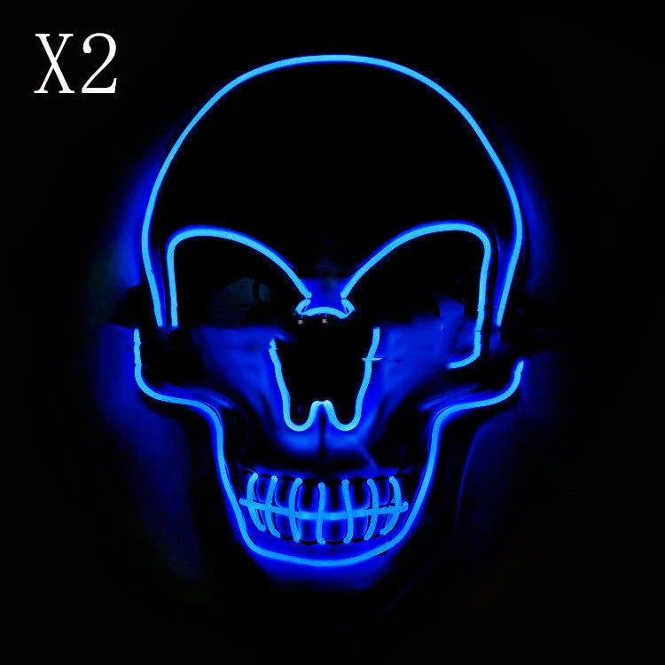 A glowing skull-shaped Halloween mask with adjustable straps and three lighting modes: constant, slow flash, and rapid pulse
