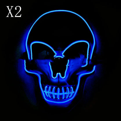 A glowing skull-shaped Halloween mask with adjustable straps and three lighting modes: constant, slow flash, and rapid pulse