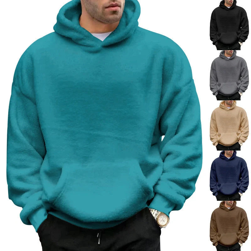A cosy, velvet-lined hooded jumper with pockets for men, available in a range of classic colours.