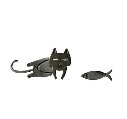 Elegant asymmetric 925 sterling silver stud earrings with cat and fish motifs, a modern and sophisticated accessory