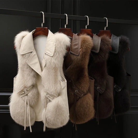 Women's patchwork winter fox fur jacket in milk tea and camel colours