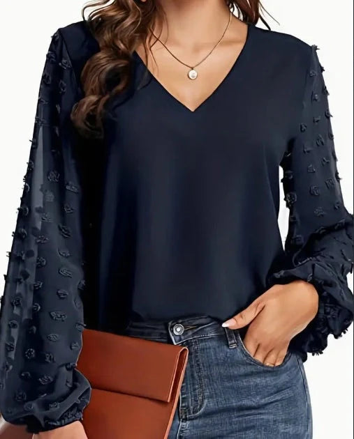 Women's Swiss Dot V-Neck Shirt in soft, breathable polyester for spring and autumn wear