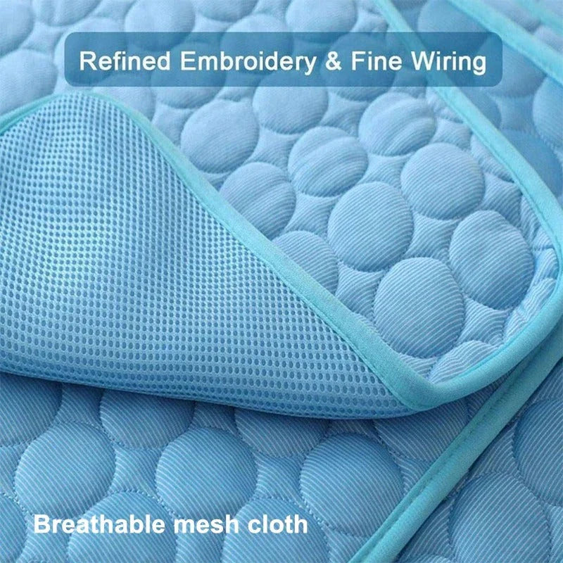 A cooling mat for pets in various sizes and colors, designed to provide refreshing comfort and temperature regulation.