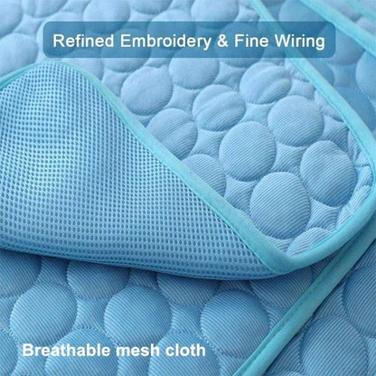 A cooling mat for pets in various sizes and colors, designed to provide refreshing comfort and temperature regulation.