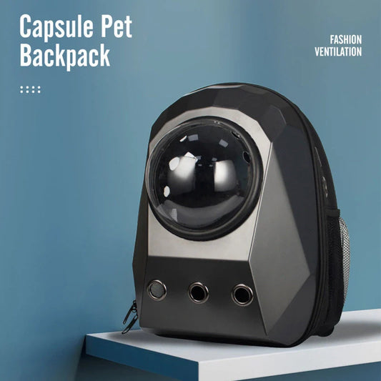 Space capsule style cat carrier backpack with transparent window and ventilation holes