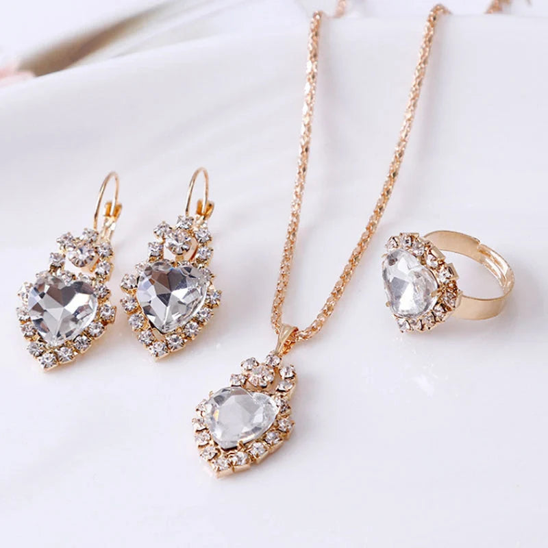 Elegant Water Drop Rhinestone Jewellery Set featuring necklace, earrings, and ring